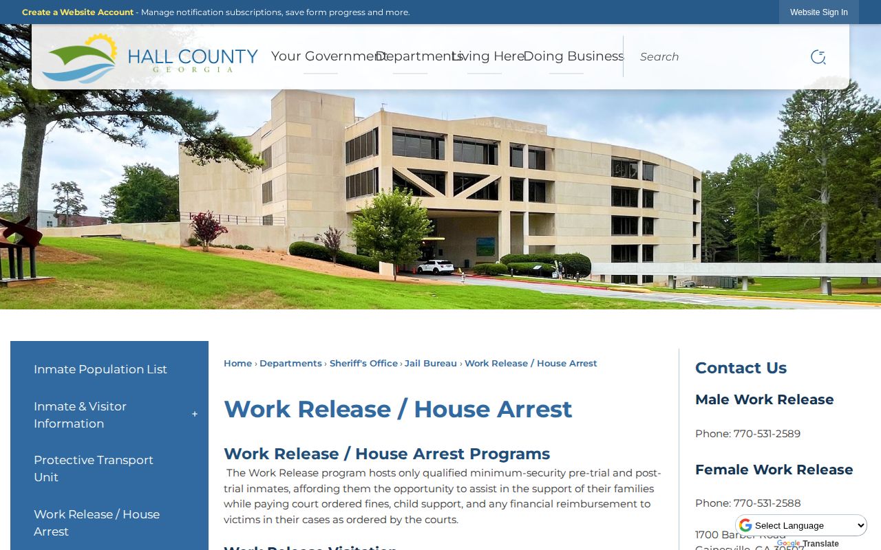 Hall County Work Release and House Arrest custody record source